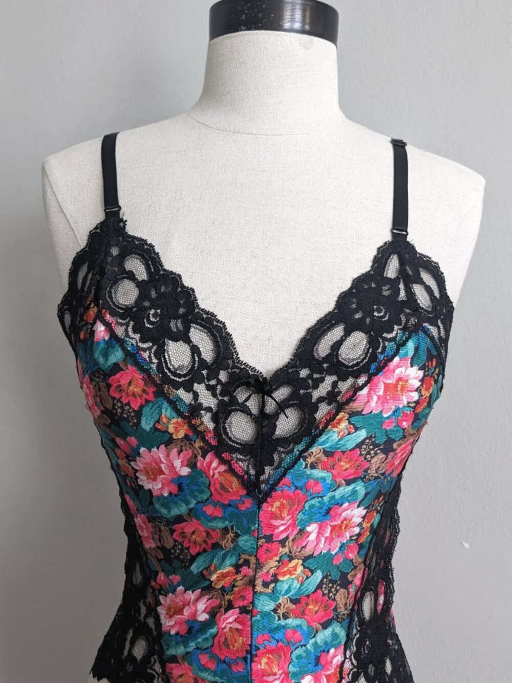 90s Vtg Floral & Black Lace Lingerie Teddy Bodysuit by Fiori Collezione